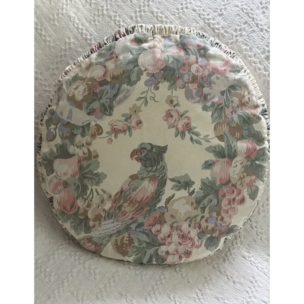 Vintage Round Floral Bird Pastel Tropical Cottagecore Ruched Edge Throw Pillows